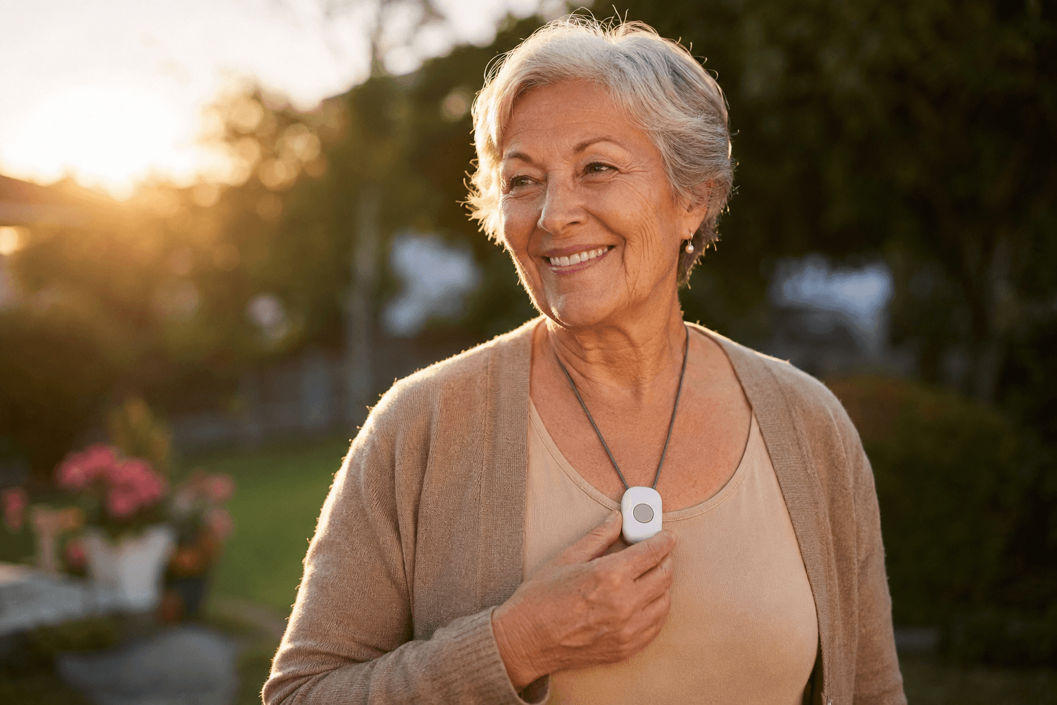 Confident senior woman smiling in her garden, wearing a medical alert pendant